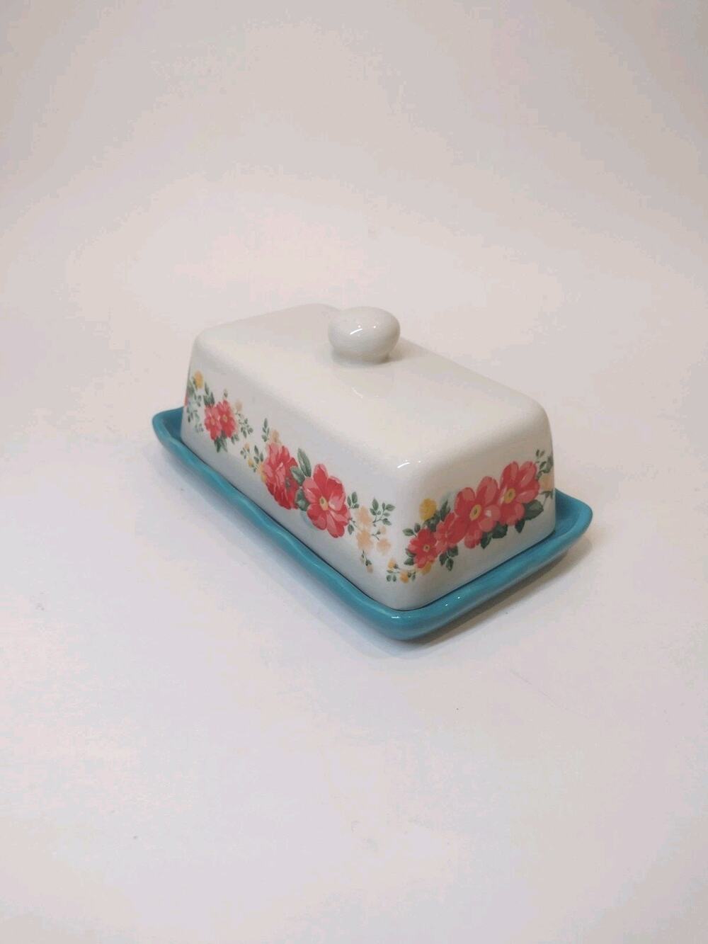 Pioneer Woman Floral Ruffle Linen Butter Dish Teal Base Cottage Core Country